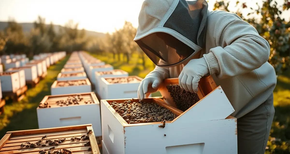 NY apiary regulations for commercial pollination operations Commercial beekeeper inspecting honeybee hive frame in New York apple orchard during spring pollination season