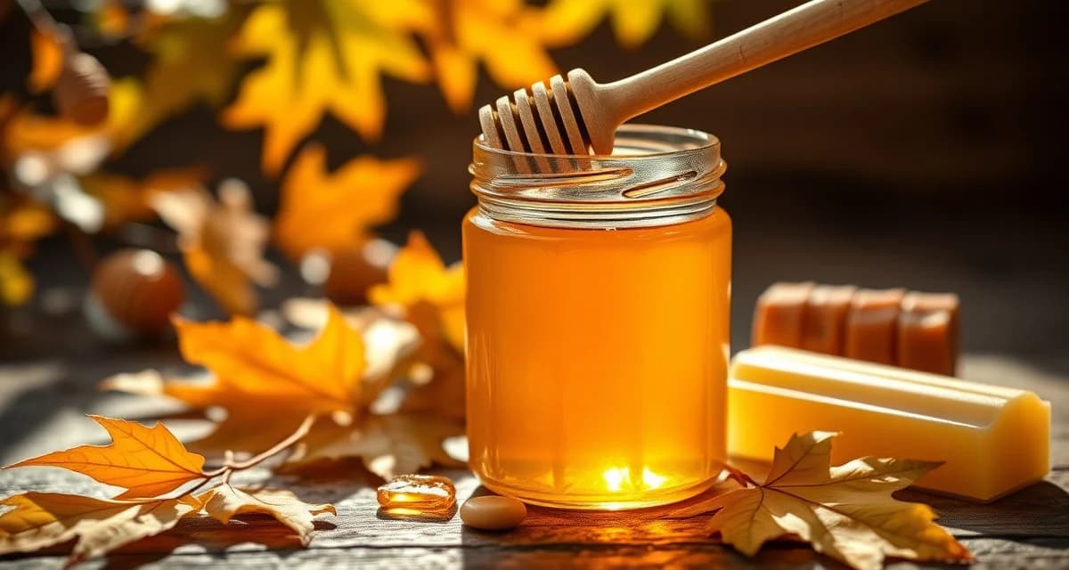 Premium maple honey production guide Golden maple honey in glass jar with honeycomb and maple leaves for commercial New York beekeeping operations