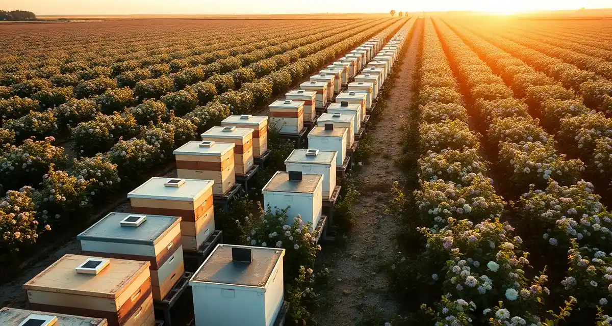 Blueberry field pollination with managed commercial hives Commercial beehives positioned in North Carolina blueberry fields during spring pollination season, showing organized hive placement for contract pollination services.