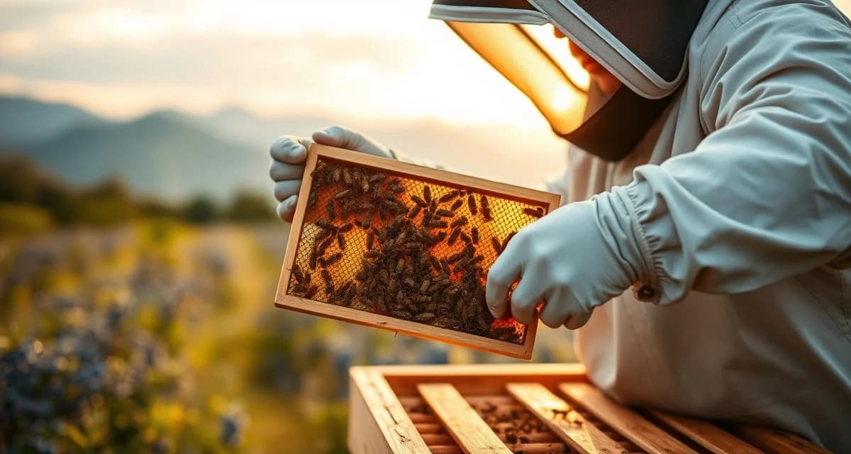NC commercial pollination and honey production operations Commercial beekeeper inspecting honeycomb frame in North Carolina apiary with blueberry crops and mountains in background