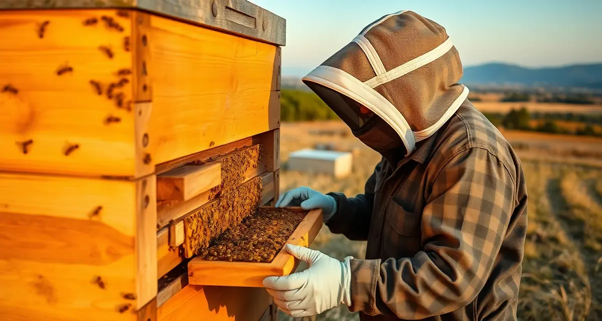 NC beekeeping operations and hive management Commercial beekeeper inspecting honeycomb frame during North Carolina apiary inspection for regulatory compliance