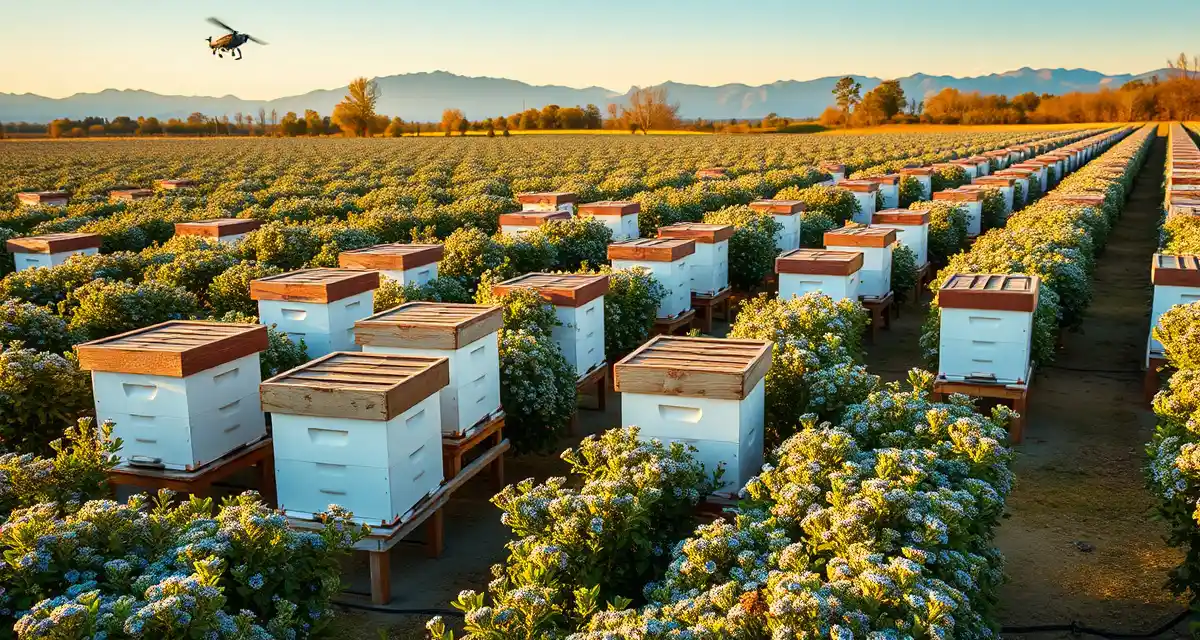 Bee logistics across NC growing zones Commercial pollination operation with organized beehives in North Carolina blueberry orchard during spring bloom season
