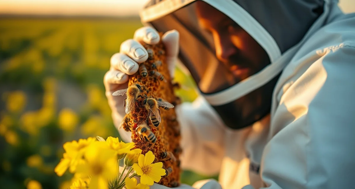 Commercial beekeeping operations managing canola pollination contracts Commercial beekeeper inspecting honey bee colony on canola flowers during North Dakota pollination season for crop production.