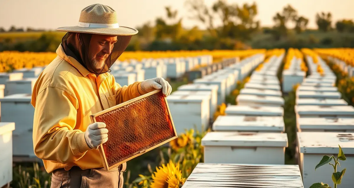 North Dakota apiary inspection and registration process Commercial beekeeper inspecting beehives in North Dakota apiary with sunflower field in background