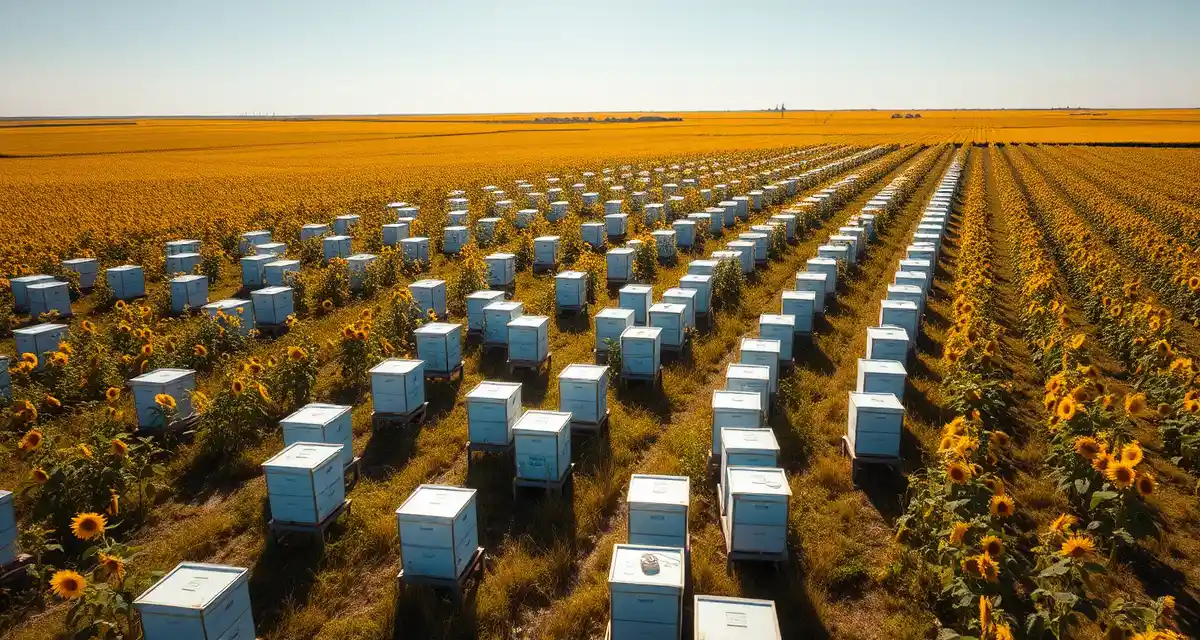 ND commercial beekeeping logistics Commercial beekeeping operation with organized bee hives in North Dakota sunflower field during pollination season.