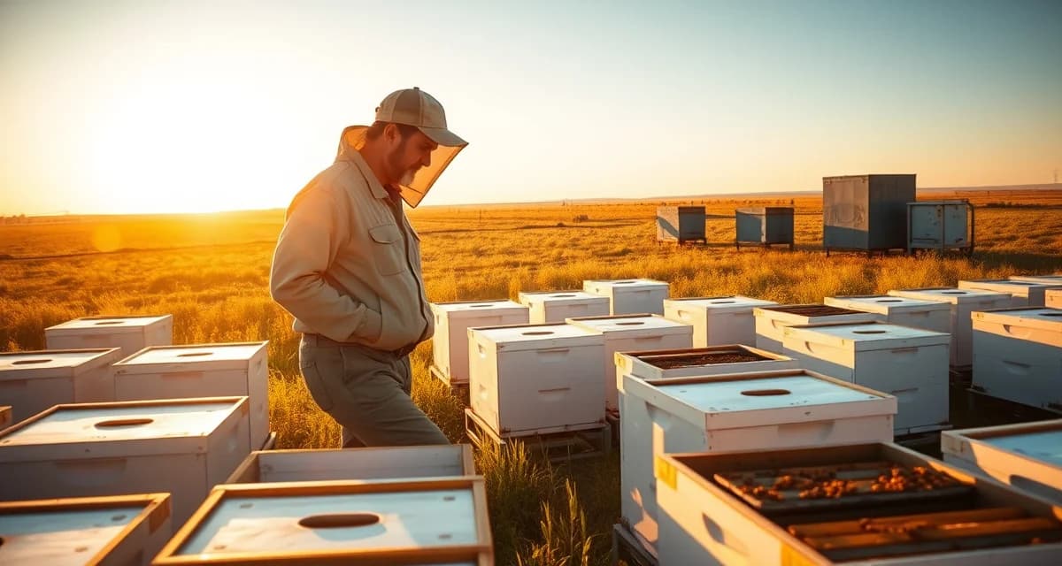 Industrial scale honey production in North Dakota Commercial beekeeper managing large-scale North Dakota honey operation with rows of beehives in agricultural field during harvest season