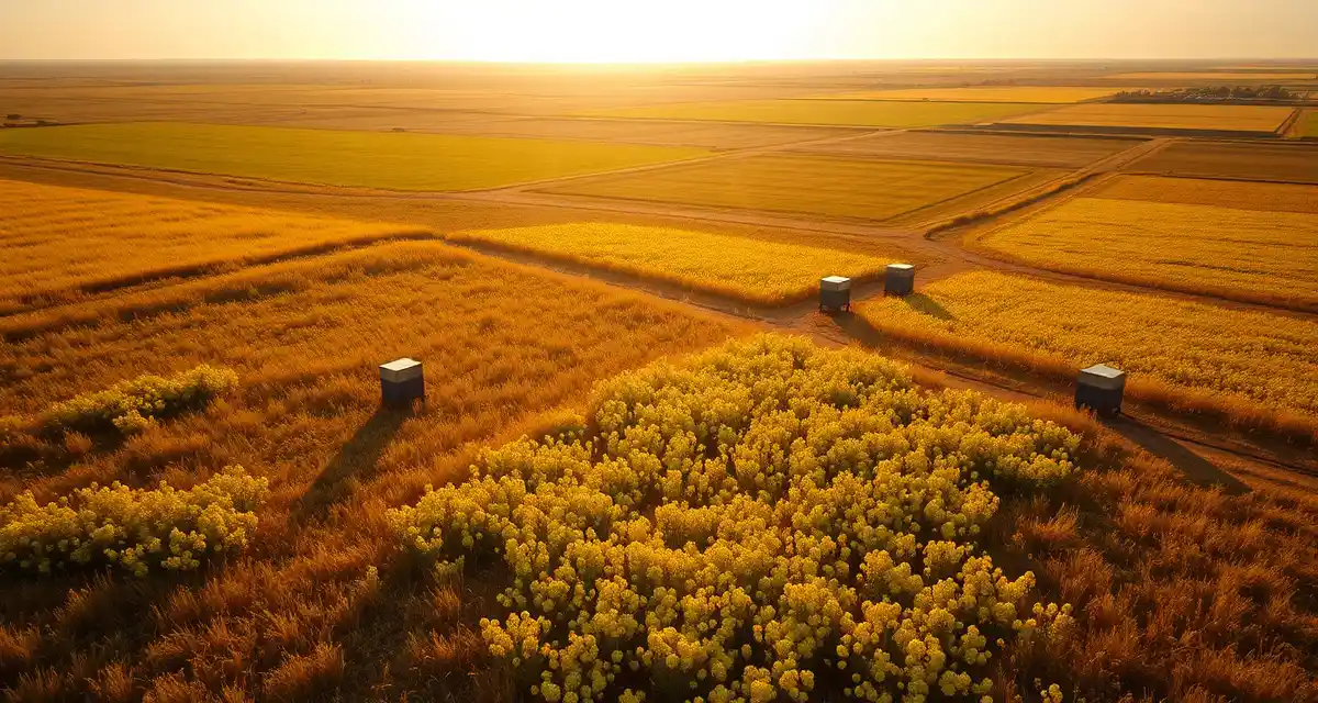 Commercial beekeeping forage landscape North Dakota honey production landscape showing expansive prairie forage fields with beehives positioned for commercial pollination operations.