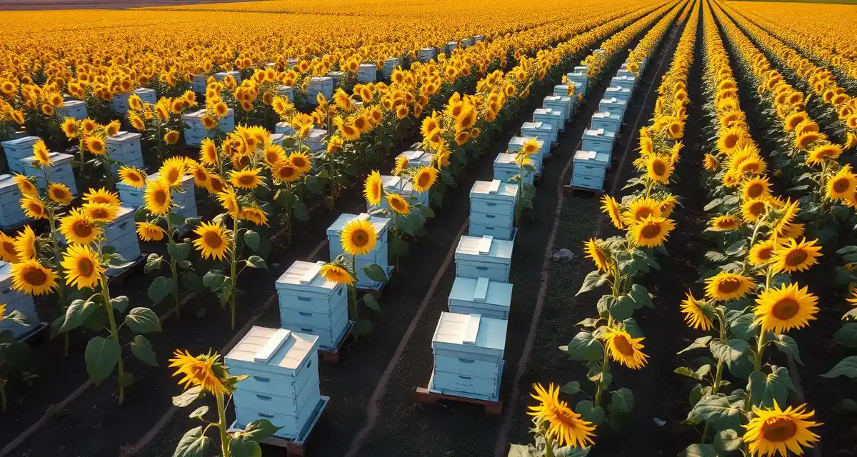 Beekeeping operations in sunflower pollination Commercial bee hives positioned in North Dakota sunflower fields during bloom season for pollination operations and regulatory compliance.