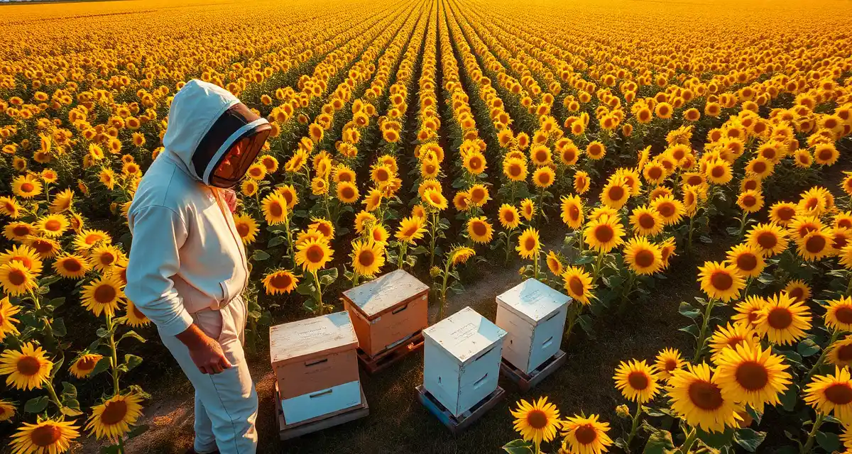 Commercial pollination operations in North Dakota sunflower crops Beekeeper managing hive boxes in North Dakota sunflower field during peak bloom season for commercial pollination services