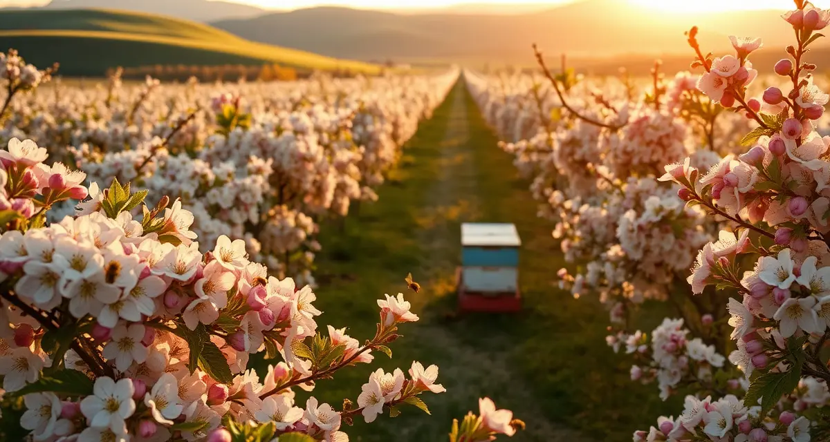Apple Orchard Pollination Setup Honeybees pollinating apple blossoms in a Northeast orchard with white hives positioned among spring blooming trees.