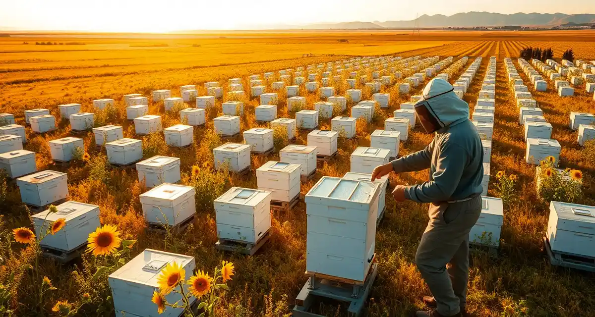 Commercial beekeeping operation in the Plains States region Aerial view of a large-scale commercial beekeeping operation with organized hive boxes in Northern Plains sunflower and clover fields during golden hour.
