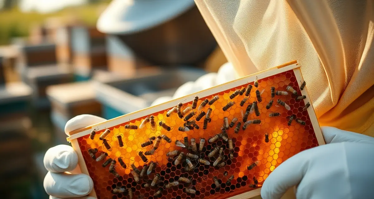 Nosema ceranae diagnosis in commercial hive management Commercial beekeeper inspecting honeycomb frame for nosema disease in large-scale pollination operation