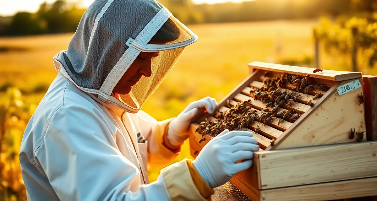 Ohio apiary inspection and registration requirements Commercial beekeeper inspecting apiary frames for Ohio beekeeping regulation compliance and hive health management.