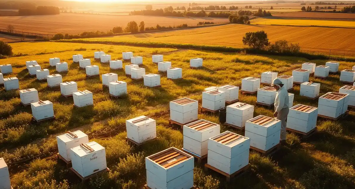 Ohio commercial honey production and beekeeping operations Commercial beehive operation in Ohio clover field with organized rows of white hive boxes during honey production season