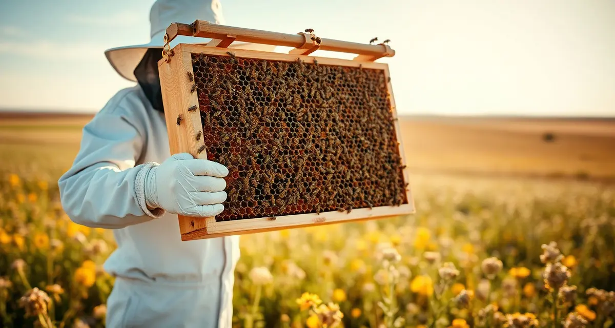 Oklahoma Commercial Beekeeping and Pollination Operations Commercial beekeeper inspecting honeybee frame in Oklahoma wildflower field with multiple hives during pollination season