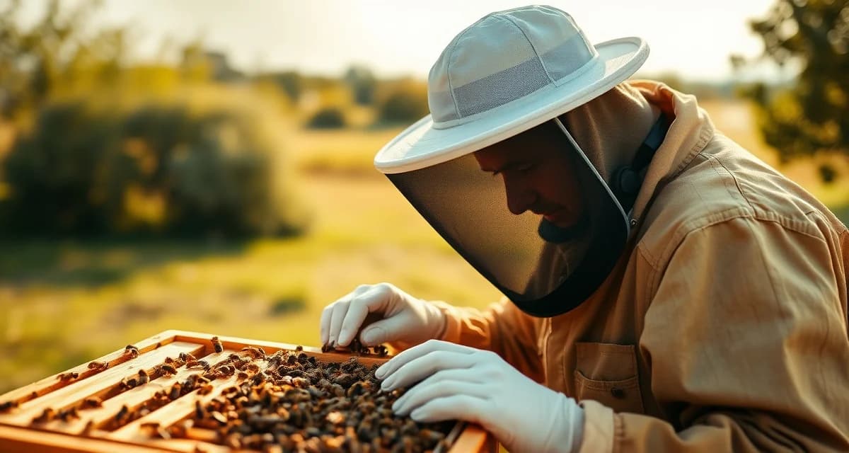 Oklahoma commercial beekeeping inspection Commercial beekeeper inspecting hive frames for Oklahoma apiary registration compliance and regulations