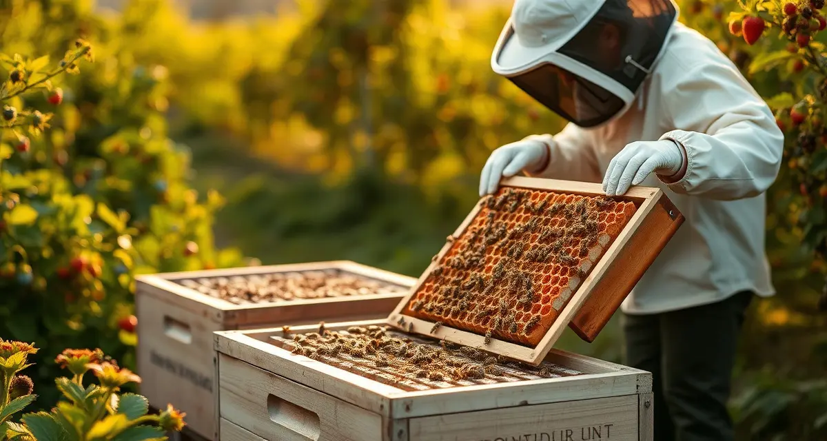 Commercial bee colonies pollinating Oregon berry crops Honeybee hives positioned in Oregon berry farm for commercial strawberry, blueberry and blackberry pollination operations