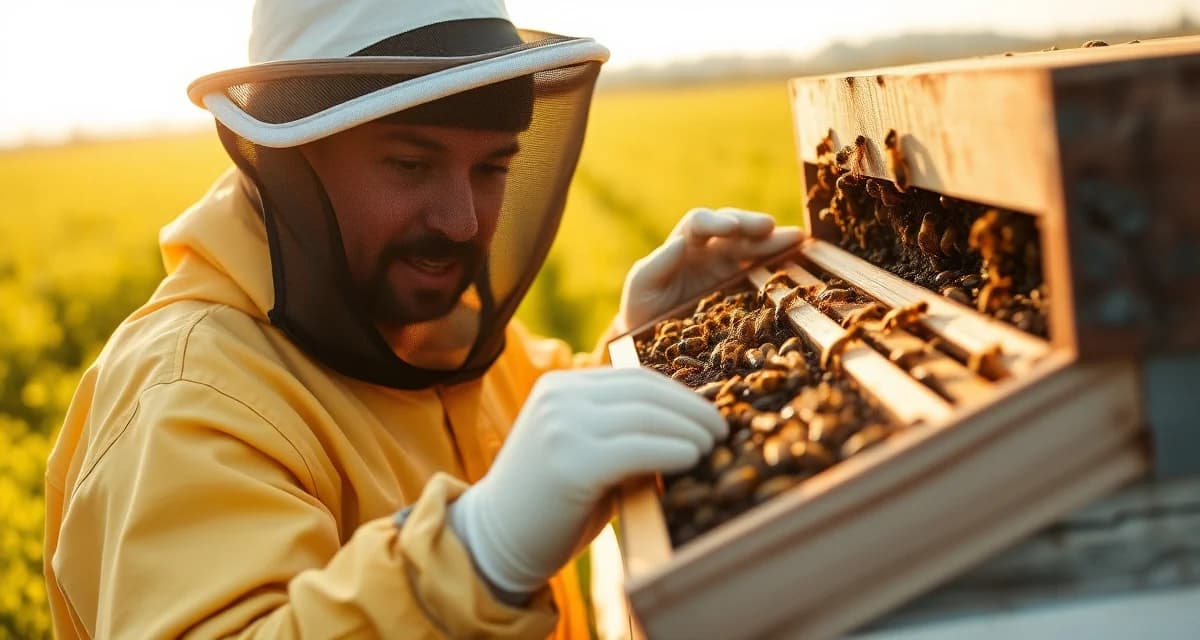 Oregon clover seed pollination beekeeping operations Commercial beekeeper inspecting honeybee hive frame during Oregon clover seed pollination operations in the Willamette Valley.