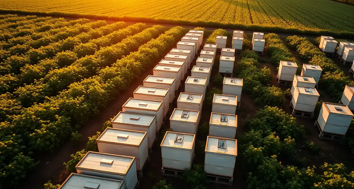 Clover seed pollination with commercial beehives in Oregon Commercial beehives arranged in Oregon clover seed field for pollination operations during Willamette Valley growing season