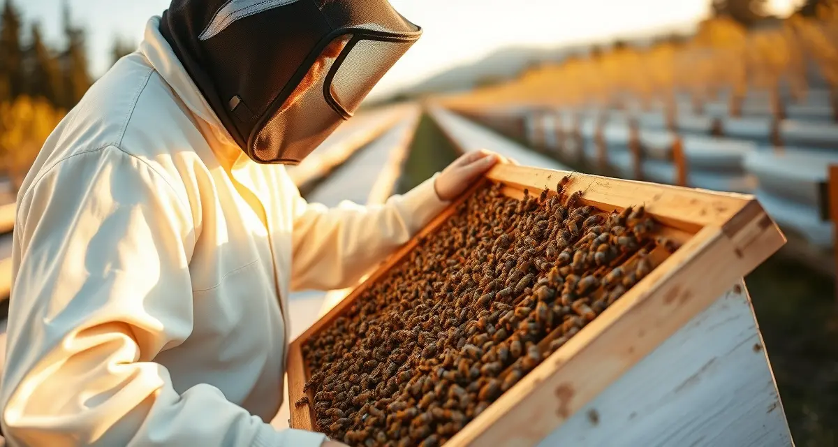 Oregon commercial apiary inspection and hive management Commercial beekeeper inspecting hive frame with honeybees during Oregon apiary registration compliance check