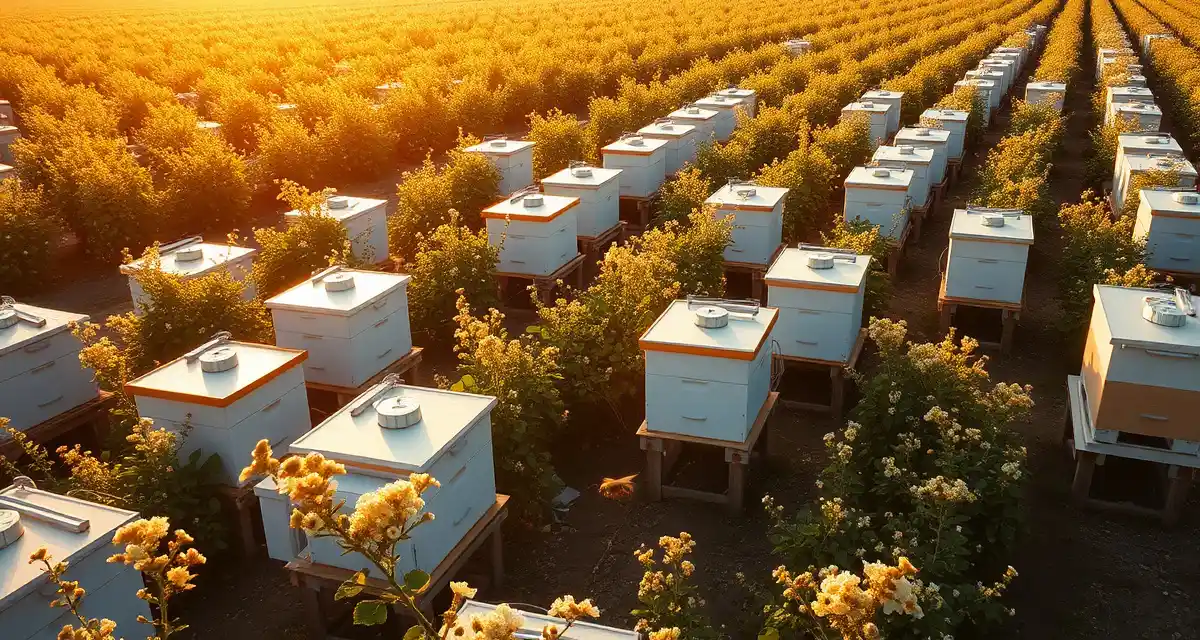 Bee hive placement for Oregon agricultural pollination Commercial honeybee hives positioned in Oregon berry crop field during spring pollination season with blooming plants visible