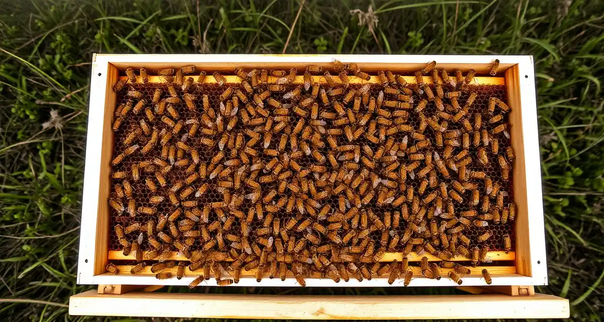 Commercial honeybee colony for cranberry pollination operations Healthy honeybee colony on wooden frames in a hive box positioned in an Oregon cranberry bog during peak pollination season.