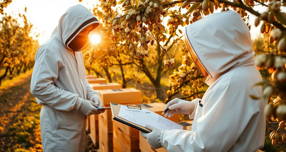 Organic almond pollination compliance and logistics Beekeeper inspecting honeybive hives in certified organic almond orchard for premium pollination contracts