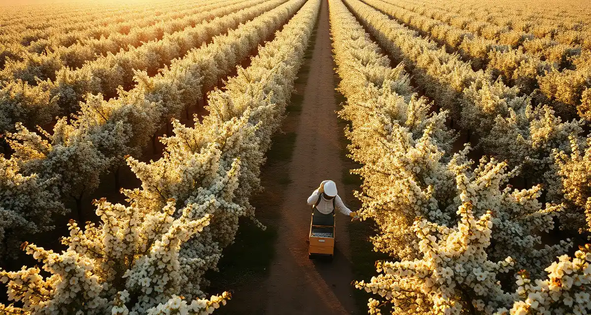 Premium organic almond pollination with verified-clean bee colonies Organic almond orchard with honeybee colonies positioned between rows during pollination season in California