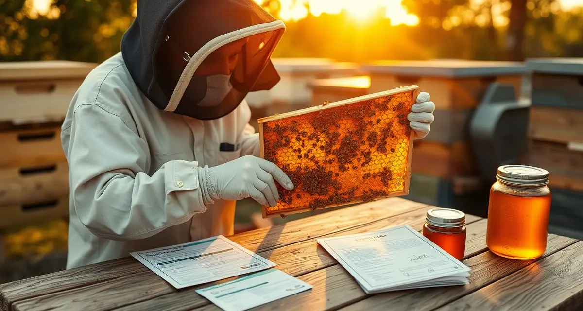 Organic Honey Certification Standards USDA organic honey certification documentation and honeycomb frames showing premium organic bee products for commercial pollination operations
