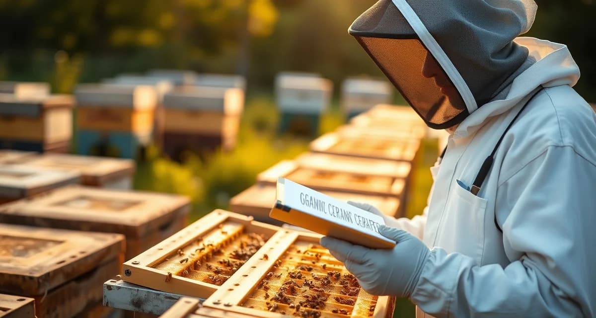 Organic pollination contract documentation and compliance Organic certified beekeeper documenting hive inspection records for pollination contract compliance and organic grower requirements