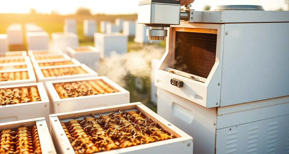 Commercial varroa mite treatment efficiency comparison Oxalic acid vaporization treatment being applied to commercial bee hives at scale in a professional apiary operation