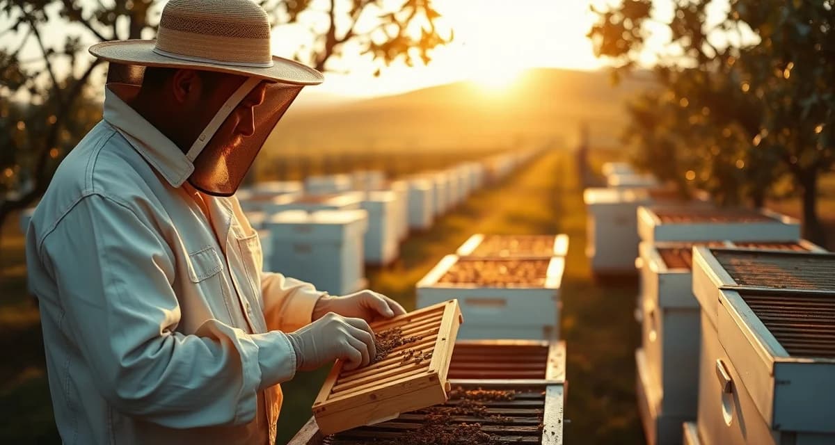 Migratory beekeeping operations on the Pacific Coast circuit Commercial beekeeper inspecting honey frames in Pacific Coast circuit apiary with beehives and almond orchard visible