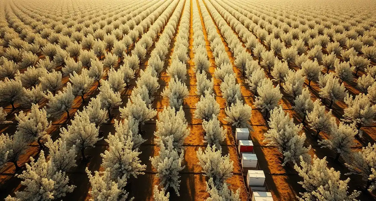 Bee logistics for Pacific Coast pollination circuits Commercial beehives positioned in California almond orchard during peak bloom season for pollination services
