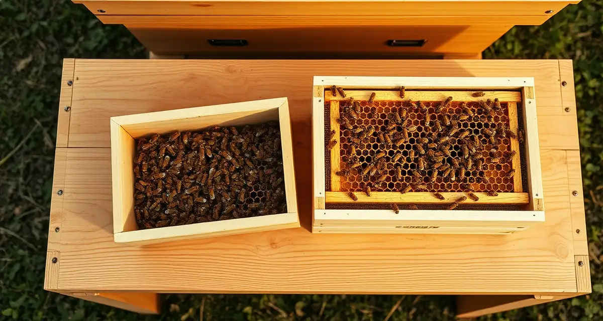 Package bee vs nucleus colony cost analysis for commercial beekeeping Side-by-side comparison of package bees and nucleus colony frames for commercial pollination operations