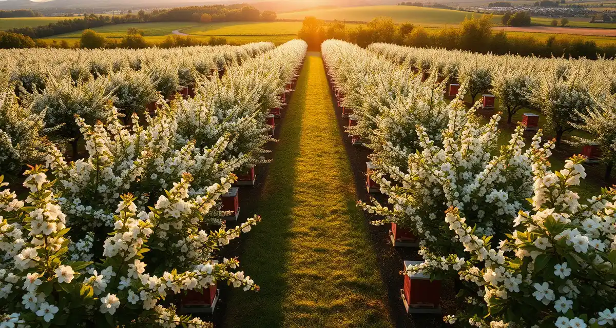 Commercial apple pollination setup in Pennsylvania orchard Honeybee hives positioned in a blooming Pennsylvania apple orchard during spring pollination season with rows of flowering apple trees