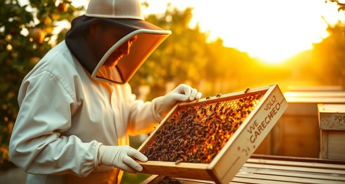 Pennsylvania commercial pollination operations Commercial beekeeper inspecting honeybee colony in Pennsylvania apple orchard for pollination services