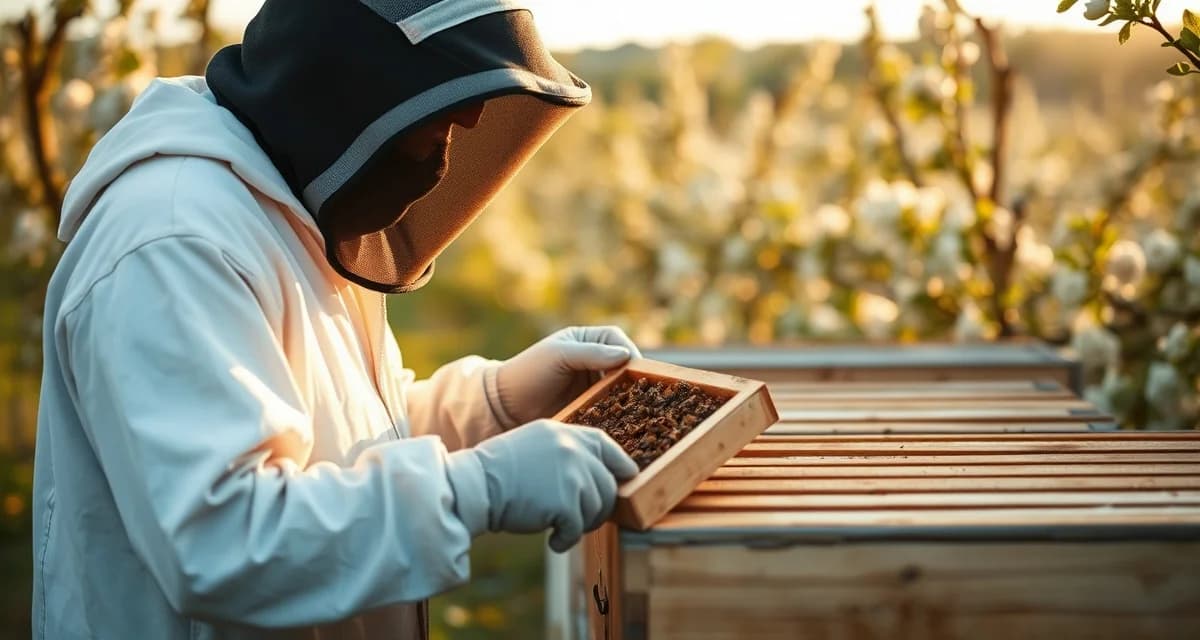 Pennsylvania apiary registration and hive inspection Commercial beekeeper inspecting hive frames during Pennsylvania apiary registration season for compliance with state regulations.