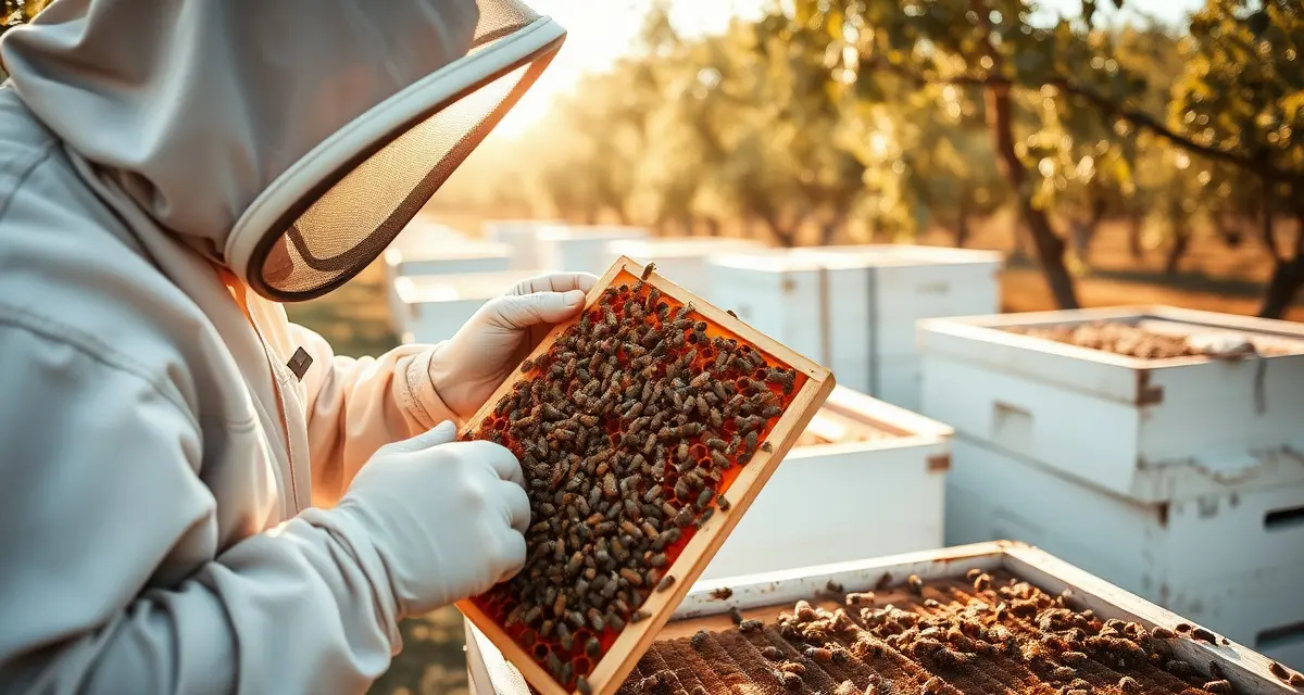 Evaluating hive quality for accurate pollination pricing Beekeeper inspecting healthy honeycomb frame to assess hive strength for per-hive pollination rate calculations