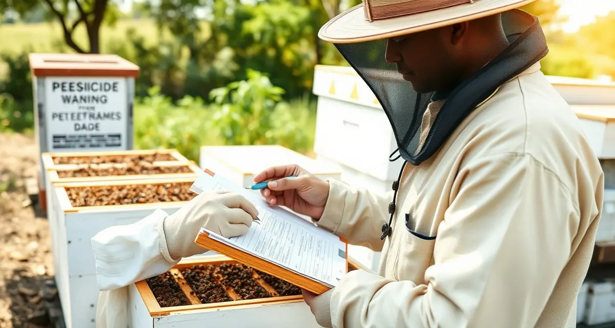 Proper pesticide incident documentation for bee operations Commercial beekeeper documenting pesticide exposure incident with detailed hive inspection records and sample collection