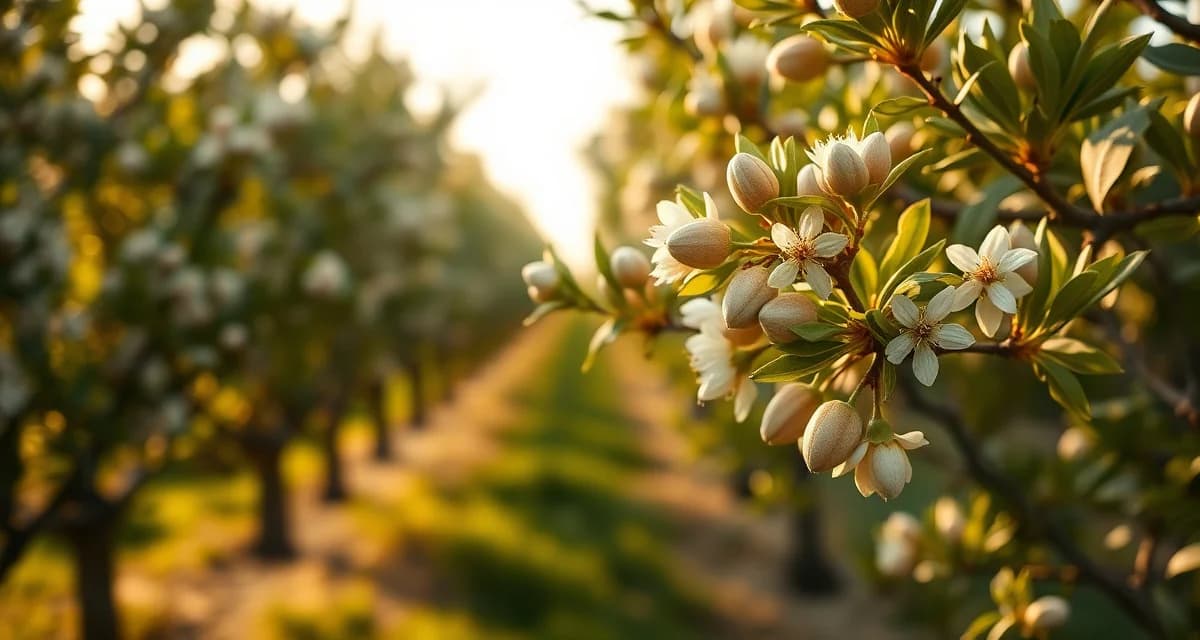 Pistachio crop biology and bloom characteristics Close-up of pistachio flowers and developing nuts on orchard branches showing wind-pollinated crop structure during California growing season.