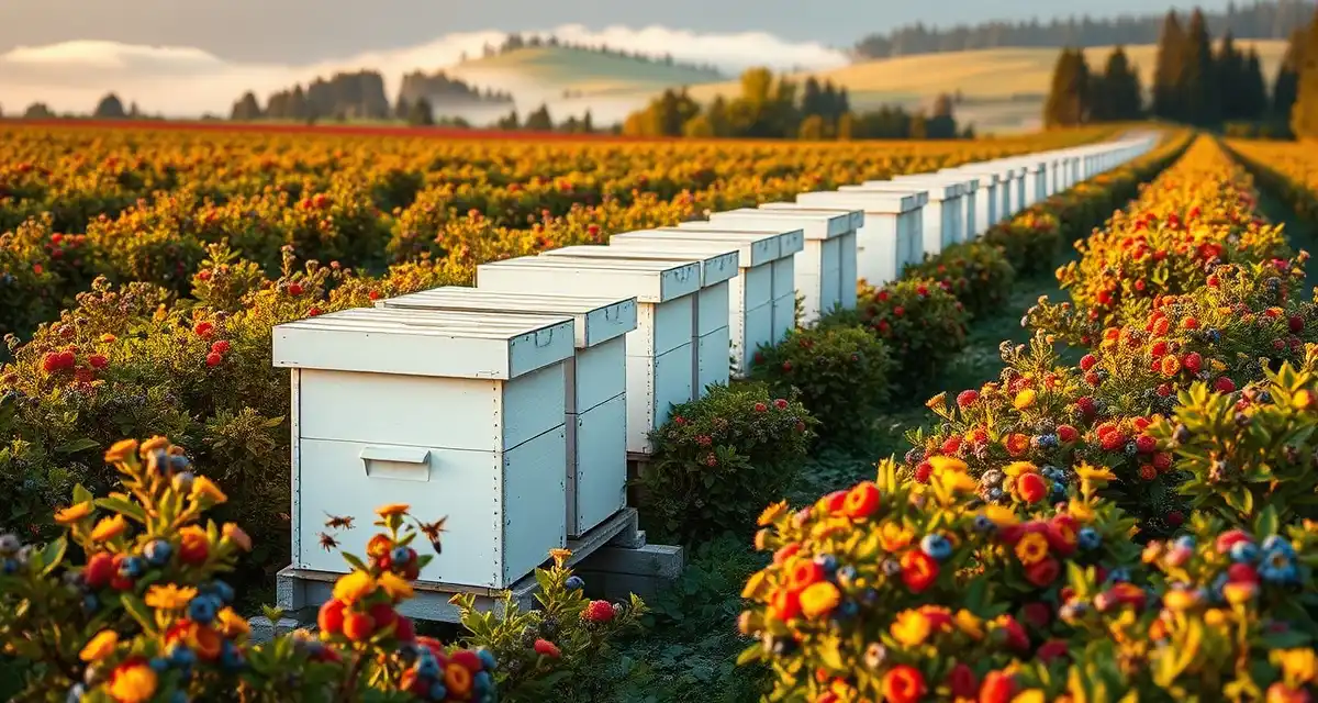 Commercial bee hives for Oregon and Washington berry pollination Honeybee hives positioned in berry crops during Pacific Northwest pollination season with blossoming plants