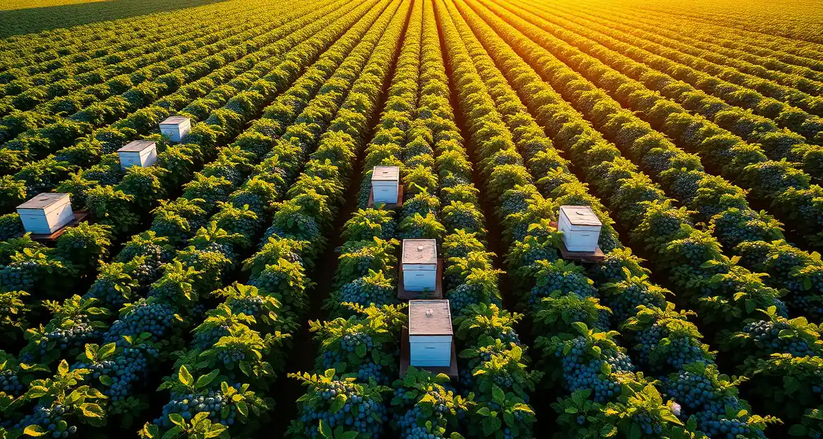 Berry pollination operations in the Pacific Northwest Pacific Northwest blueberry and cherry fields with organized pollinator hives during peak berry season bloom sequence.