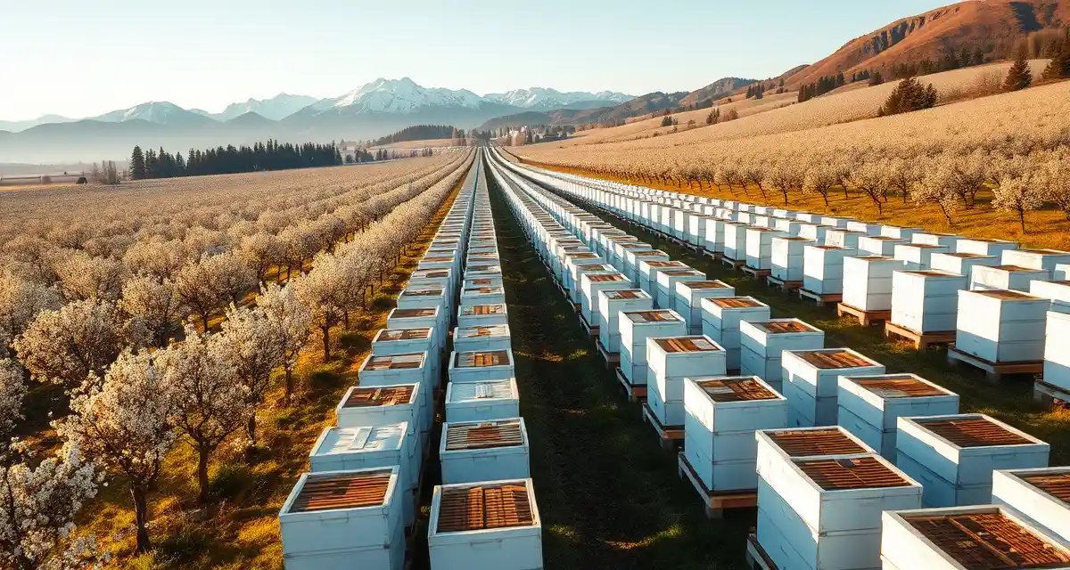 Migratory beekeeping fleet management in the Pacific Northwest Organized rows of white beehives in a Pacific Northwest cherry orchard during spring pollination season with mountain backdrop