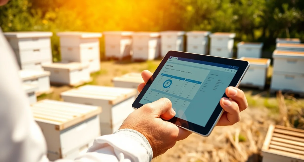 Field data capture on PollenOps mobile platform Beekeeper using PollenOps mobile app on tablet to manage hive data in commercial apiary yard with white bee boxes