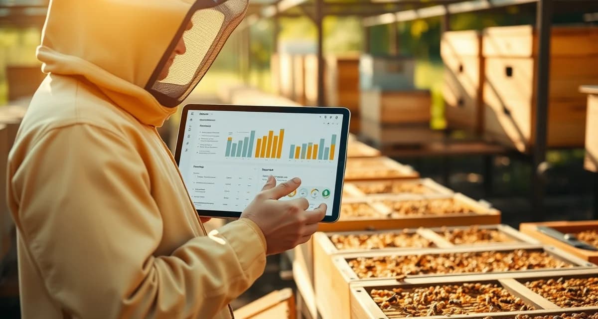 Getting started with PollenOps bee logistics software PollenOps dashboard interface displaying hive inventory management and pollination contract details on tablet in commercial apiary setting.