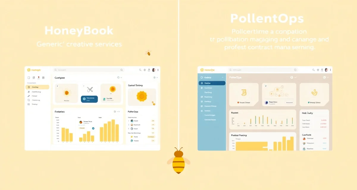 Pollination software feature comparison Comparison of PollenOps and HoneyBook pollination contract management software platforms showing specialized beekeeping features.