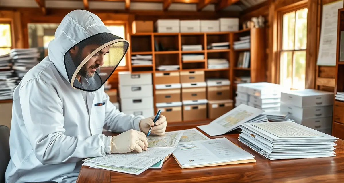 Succession planning documentation for pollination beekeeping business transfer Beekeeper reviewing succession planning documentation and yard GPS maps for commercial pollination operations valuation.