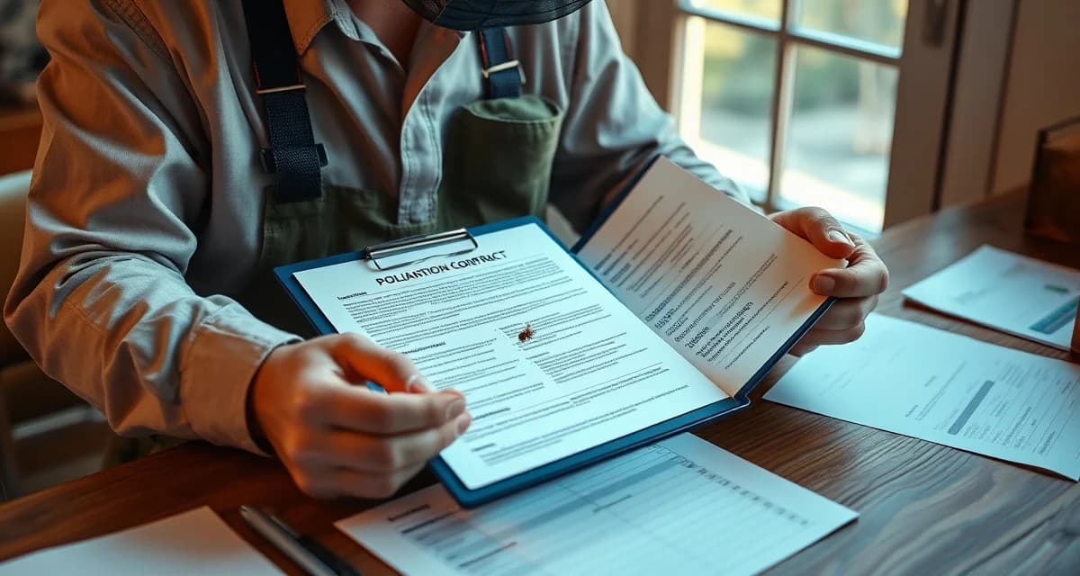 Contract management best practices for commercial pollination operations Beekeeper reviewing pollination contract addendums and amendments documentation to prevent payment disputes