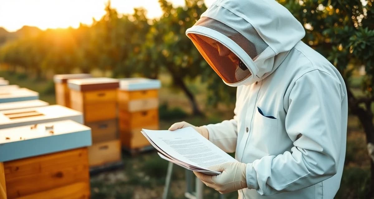 Professional pollination contract documentation Beekeeper reviewing a formal written pollination contract next to commercial hive boxes in an orchard operation