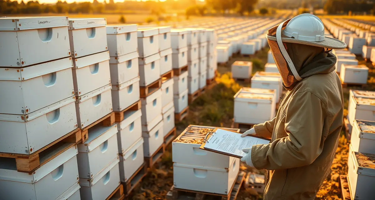 Bee logistics and contract management for commercial pollination Commercial beekeeping operation showing organized hives and contract documentation for pollination services management.